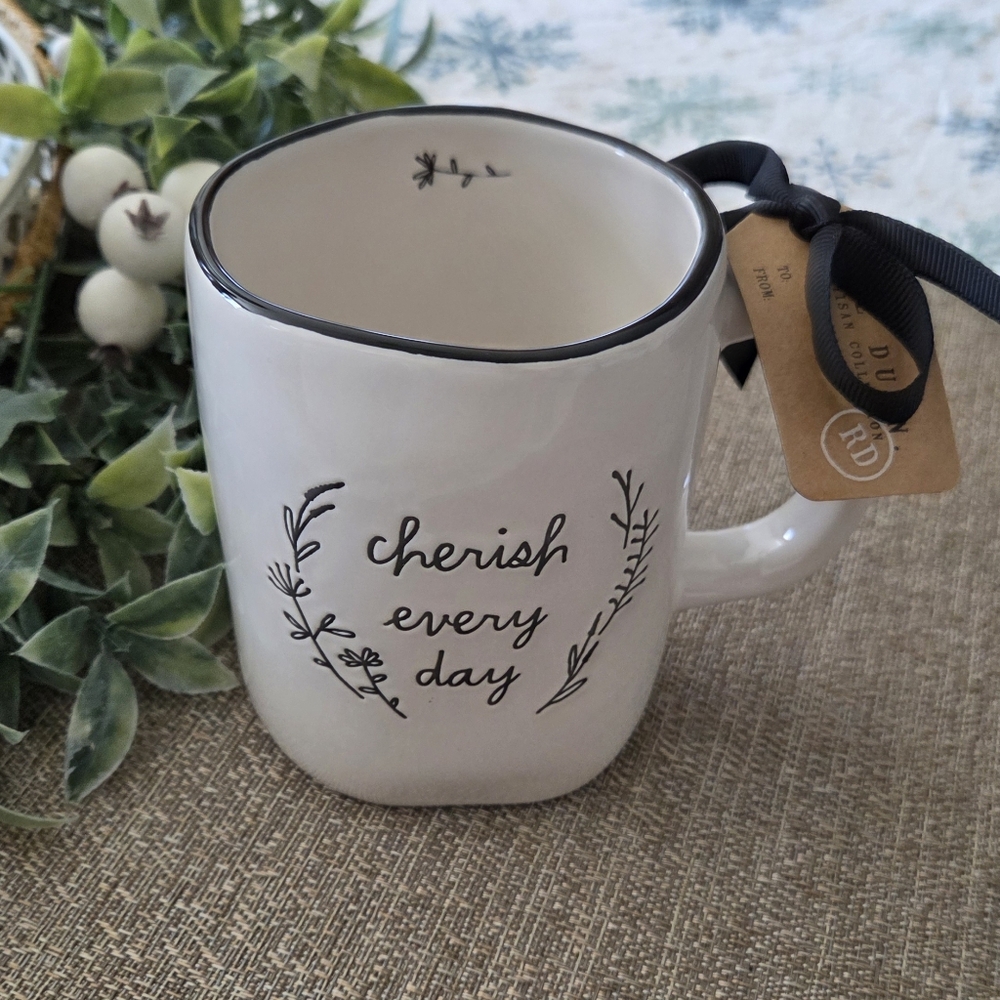 Rae Dunn White Ceramic Mug with Black Trim and Script